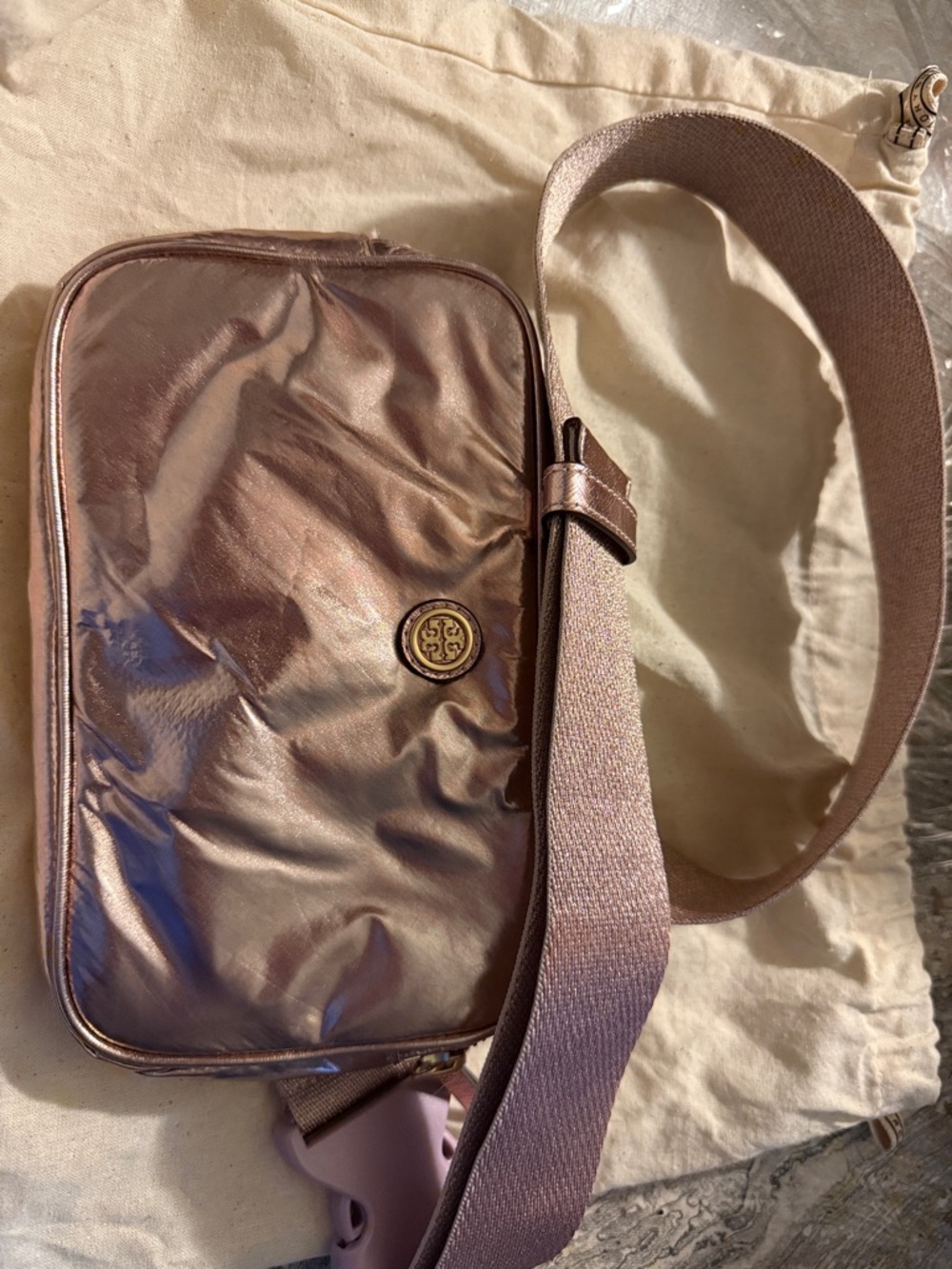 Tory Burch Metallic Rose Gold Crossbody Belt Bag